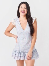 LoveShackFancy NWOT Arthur Baby Blue Skies Floral Flutter Sleeve Mini Dress Sz 0