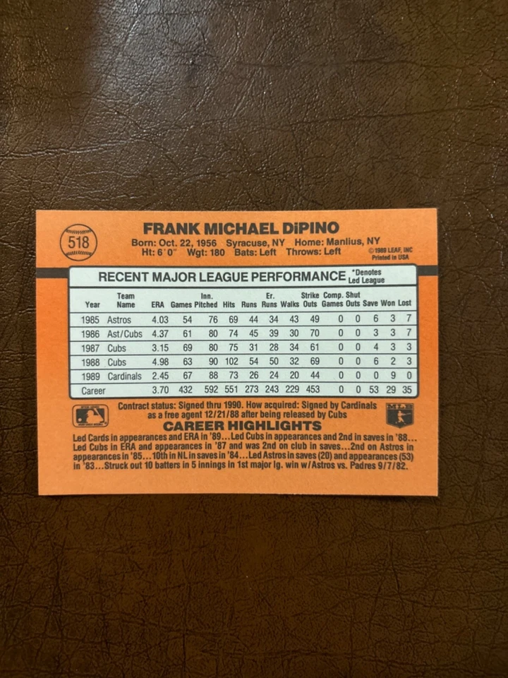 1990 Donruss - #518 Frank DiPino - Image 2 of 2