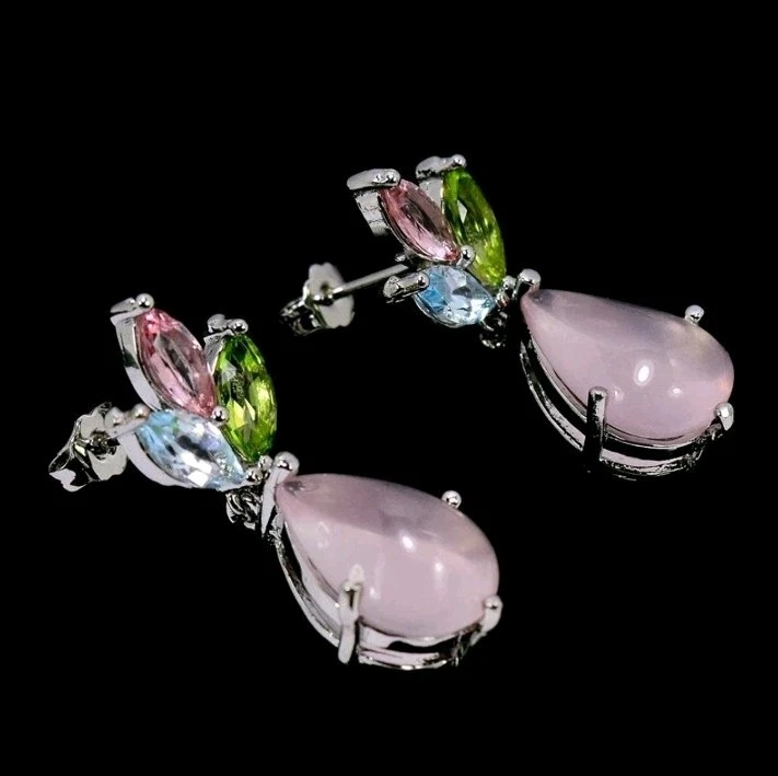 925Sterling Silber Ohrstecker HÄNGER Echte Edelsteine Rosenquarz +u.a.585K... - Bild 2 von 4