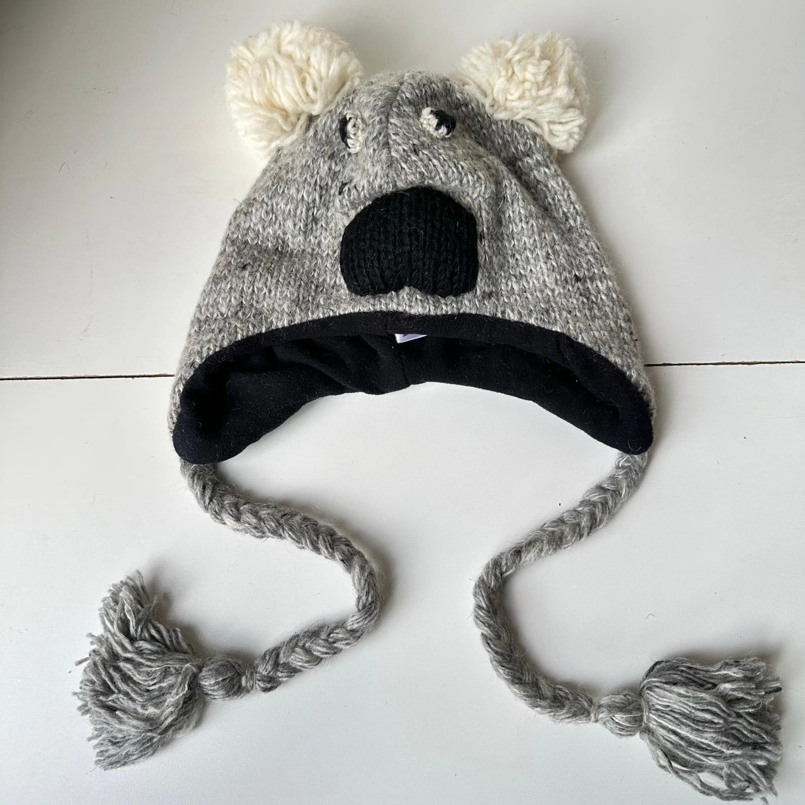 Adorable Set of 2 Koala Bear Knit Winter Hats | Pom Pom Ear Flap Beanie Cap Gray