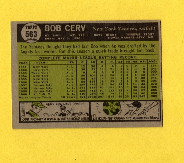 1961 Topps Bob Cerv #563 HI # New York Yankees NEAR MINT FREE SHIPPING - Image 2 of 3