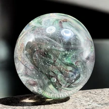 VTG Dynasty Gallery Around The World Round Glass Paperweight Green Black Swirls