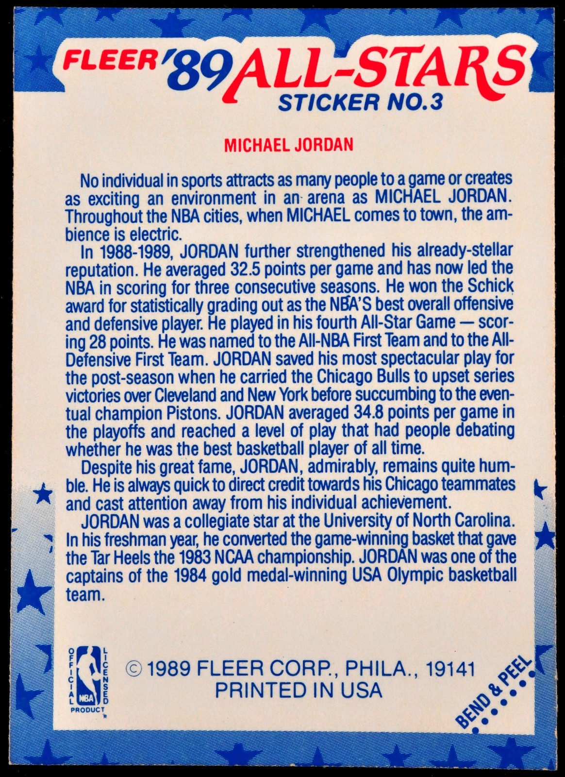 1989 Fleer '89 All-Stars Sticker Michael Jordan #3 You Grade view 2