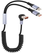 66W Coiled Multi USB C Fast Charging Cable 90 Degree 2 in 1 USB A to 2C