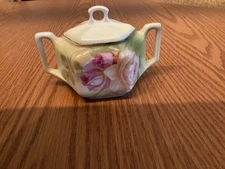 RS Germany Sugar Bowl With Lid  Pink Colored Roses and Green Leaves - Hexagon