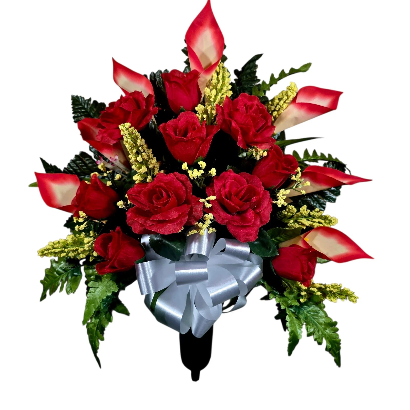 Cemetery Vase with grave flowers including Red Calla lilies and Roses
Opens in a new window or tab
