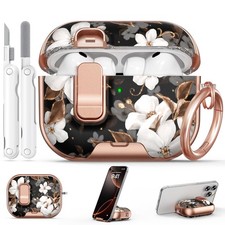 AirPods Pro 3 Case 2025 - Black Gold Flower, Safety Lock, Phone Stand, Keychain,