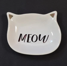 Cute 4" Cat "Meow" Catch All Decorative Dish Black & White With Gold Ears