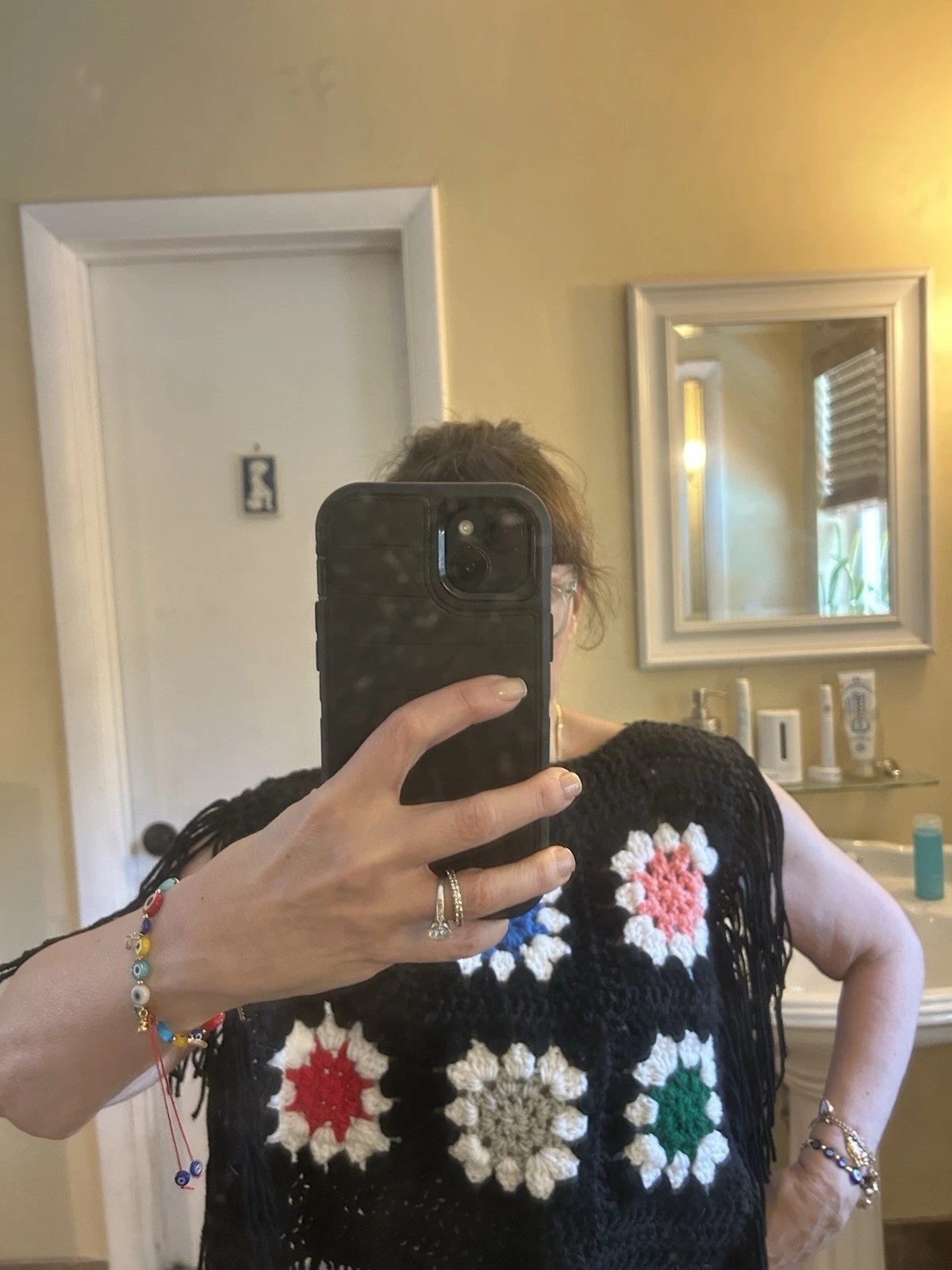 Handmade Black Poncho With Granny Squares And Fringe