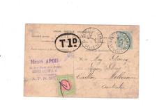 VICTORIA 1904 5c Postcard, cds NANTES SEINE France , TAXED 1d ADDED