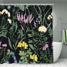Black Floral Shower Curtain Green Leaf Yellow Modern Yellow Purple Flowers