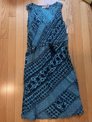 DKNY Jeans XS 100% Cotton Shift Dress Blue/Black V-Neck Sleeveless Knee