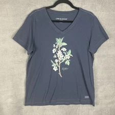Life Is Good Top Womens Large Blue Crusher Tee Short Sleeve V Neck Flowers