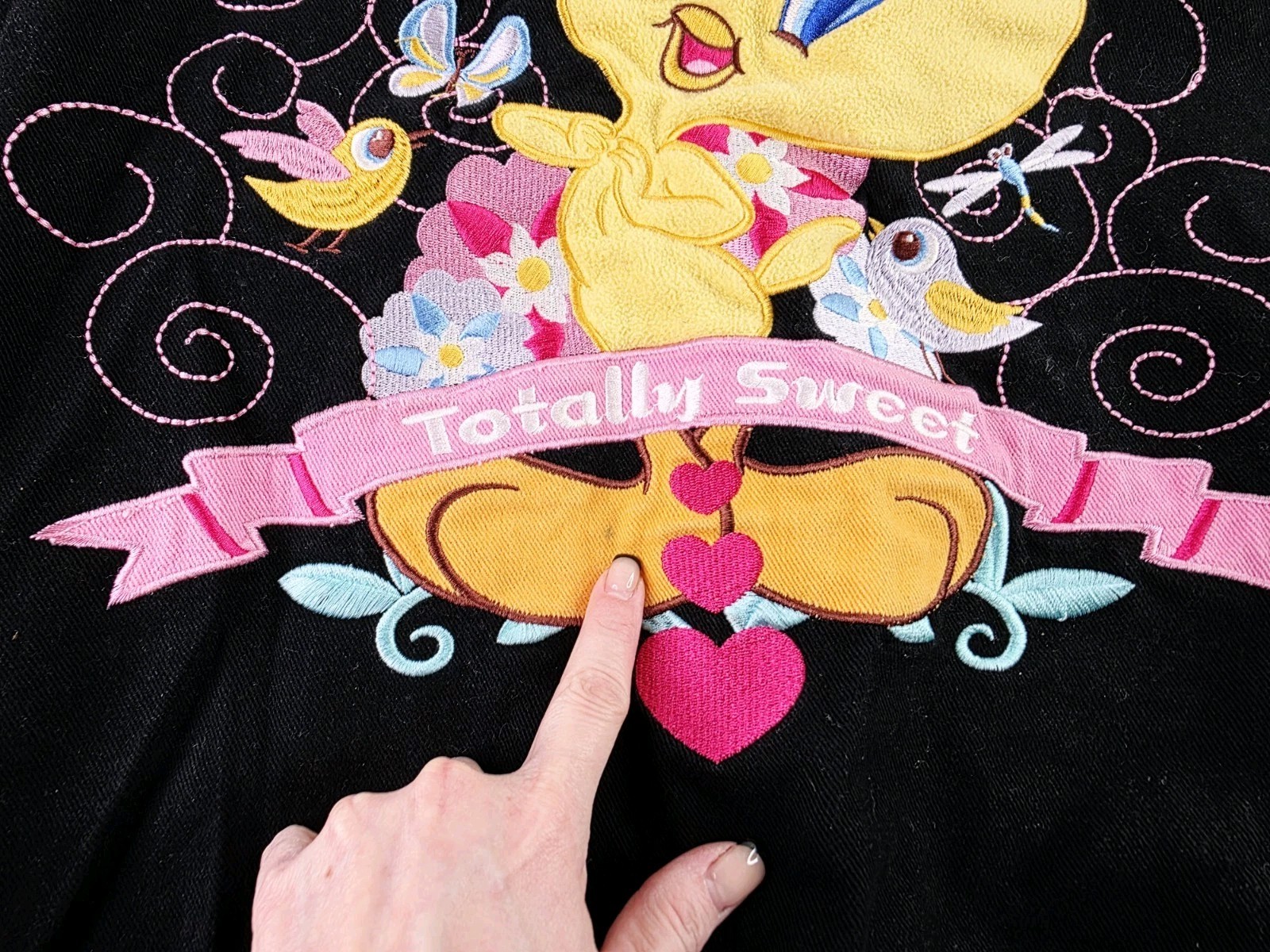 Rare Vintage 90's J.H. Design Tweety Bird Bomber Jacket Black/Multi Sz Youth XL image 5