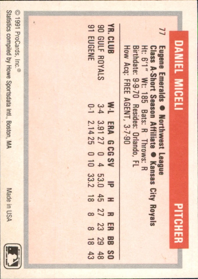 Dan Miceli 1991-92 ProCards Tomorrow's Heroes #77 RC Eugene Emeralds - Image 2 of 2