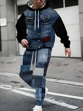 Men's Casual Sports Suit, 3D Printed Imitation Denim Look Hoodie and Jogging 