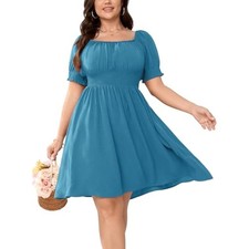 Plus Size Square Neck Mini Dress Smocked Flowy A-Line Boho Casual Short Dresses