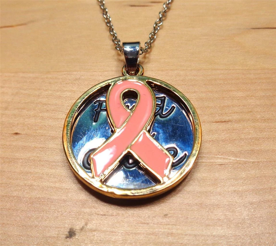 BEACH FASHION SILVER RHODIUM PINK RIBBON FIND THE CURE PENDANT NECKLACE - Image 3 of 4
