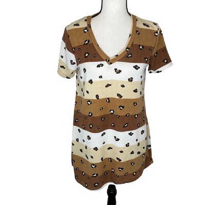 Heimish USA Short Sleeve Leopard Brown & White Striped Stretch Top - Size Small
