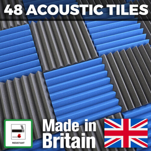 Acoustic Foam Tiles 48 Pack Mix Colour 24 Blue 24 Grey 50mm Thick Studio Panels - Picture 1 of 12