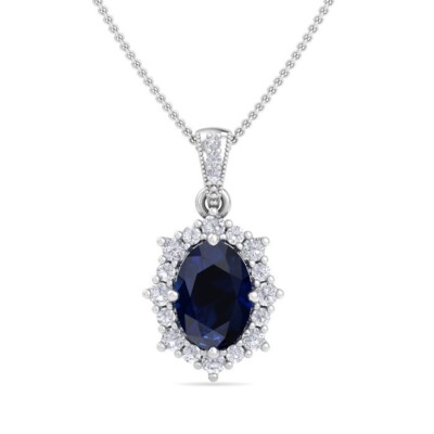 14 Karat Weißgold Collier mit 1 3/4 Karat ovalem Saphir und Diamant