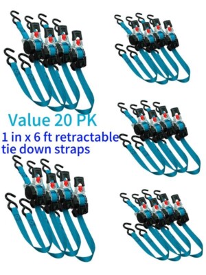 Retractable Ratchet Tie down Straps 20PK 1,500Lb Break Strength 500Lb Work Load