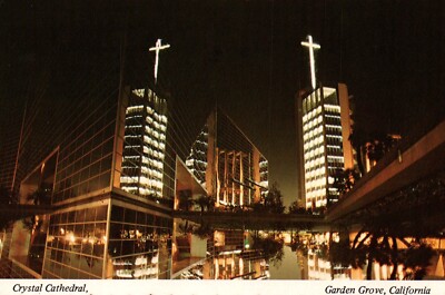 Postcard Deckle Edge Garden California Crystal Cathedral Building Night Posted 