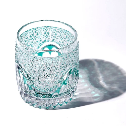 Edo Kiriko Crystal Whiskey Glasses Hand Cut To Clear Green 9oz Gift Packing - Picture 5 of 12