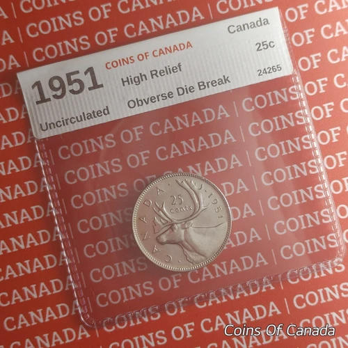 1951 Canada Silver 25 Cents Coin - High Relief - Uncirculated #coinsofcanada