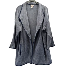 Chicos Women's Coatigan Cardigan Sz Large Blue Tweed Pockets Faux Leather Trim