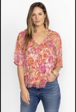 Johnny Was Marcia Ruffle 100 Silk Short Sleeve Floral Blouse. Size S. MSRP 248
