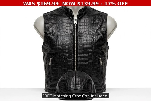 Mens Black Crocodile Embossed Leather Vest + FREE Matching Cap - Genuine Cowhide