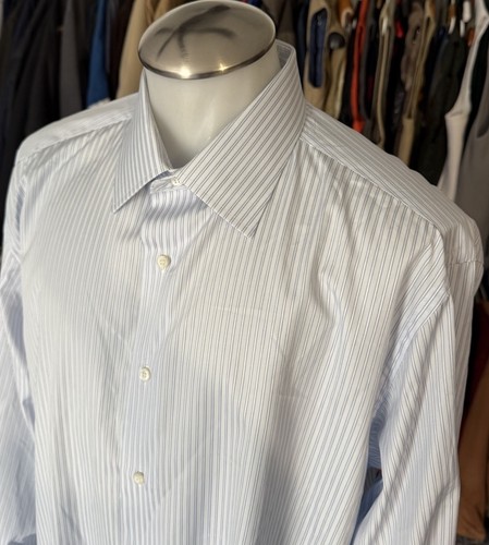 Brioni Shirt Mens 18 Large Lite Blue Striped French Cuff Dress Formal Made Italy - Picture 2 of 4