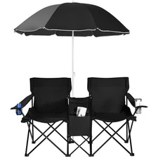 Folding Portable Picnic Double Chair W/Umbrella Table Cooler Beach Camping Black