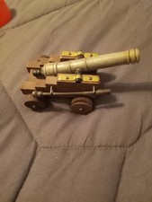Vintage Miniature Wood Brass Cannon