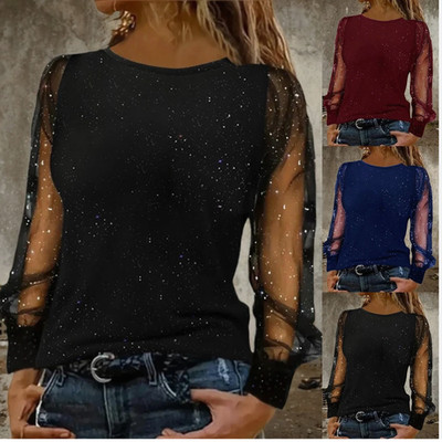 Damen Mesh Langarm T-Shirt Party Tops Oberteile Herbst Hemdbluse Freizeit Shirts