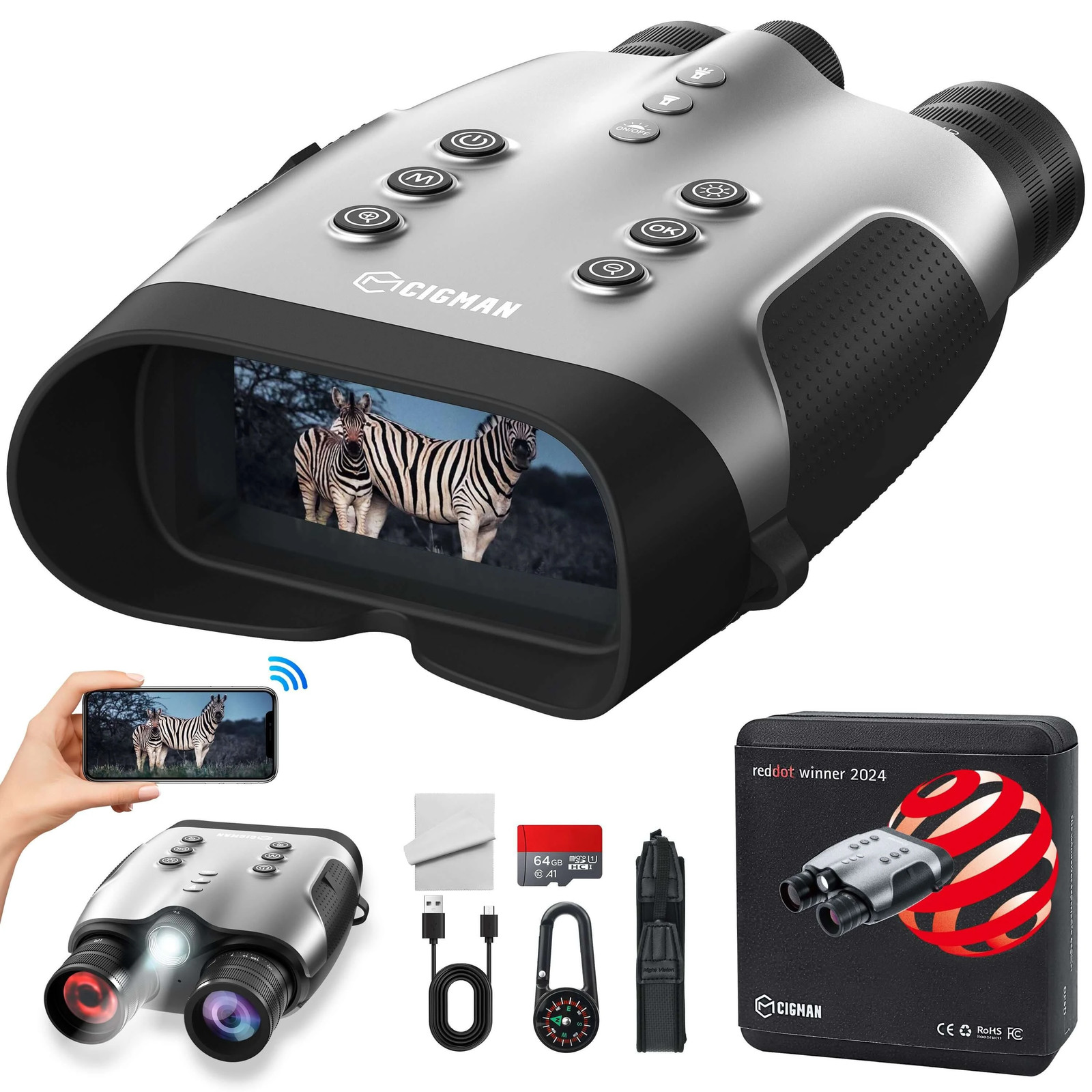Binoculars With Wifi, 52mp Photos, 8x Zoom, Ip54 Rugged Outdoor