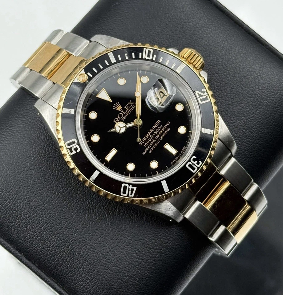 劳力士男士 Submariner Date 18k 黄金不锈钢手表黑色 Sub 16613 — 第 2/4 张图片