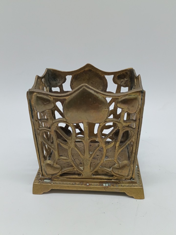 Heavy solid brass Art Nouveau pen holder with genuine patina — the kind of piece that looks like it belongs on a Victorian scholar's desk.