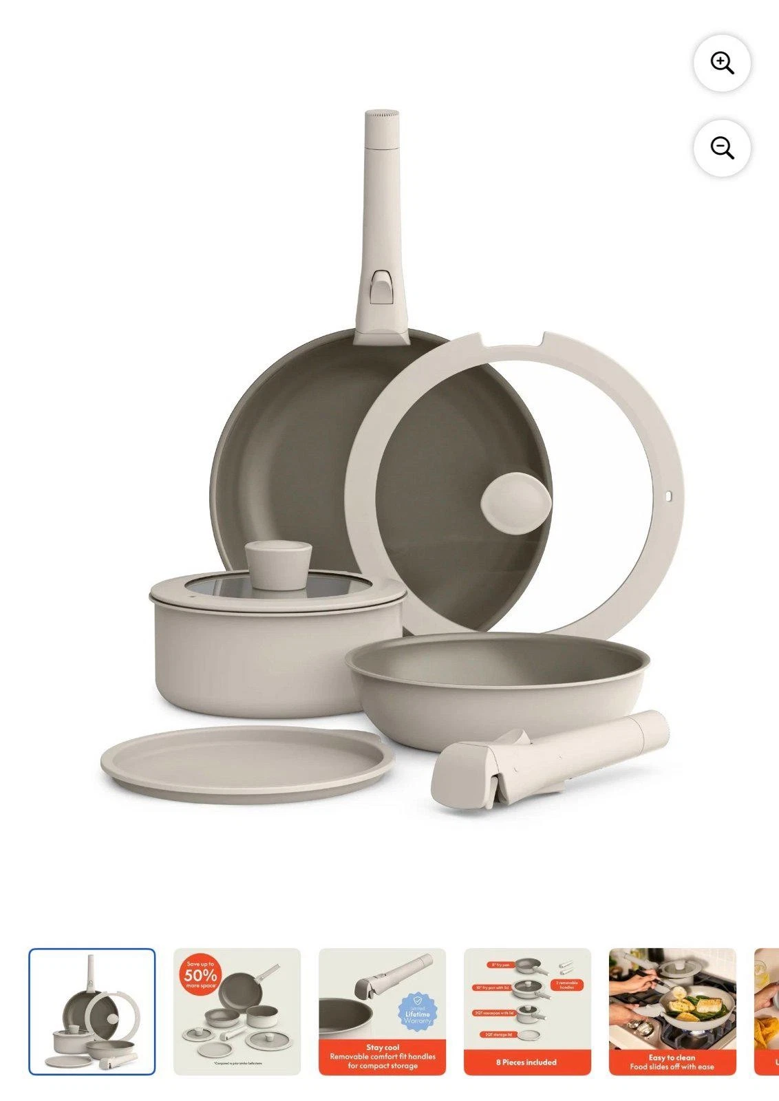 bella 8-Piece Piece Ceramic Nonstick Cookware Set with Removable Handles, Oatmea