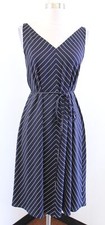 NWT $149 Ann Taylor Navy Blue White Striped V Neck Tie Waist Dress Size 4 Casual