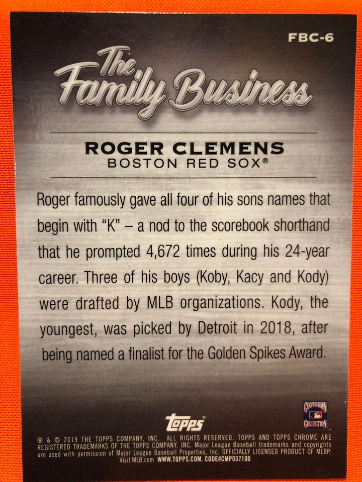 ROGER CLEMENS 2019 TOPPS CHROME UPDATE THE FAMILY BUSINESS # FBC-6 RED SOX 🔥 - Image 2 of 2