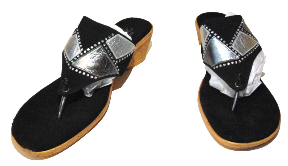 SANDALIAS MUJER ONEX NEGRAS, PLATEADAS CORREA EN T ZAPATOS DE SALÓN DESLIZABLES ESTRÁS/FALSO DIAMANTE~11 Foto 2 de 4