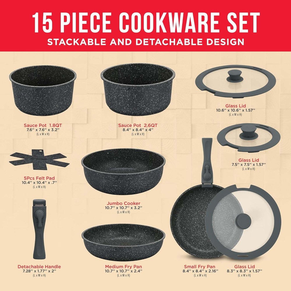 Bakken Swiss 15 Piece Non Stick Granite Cookware Set, Black