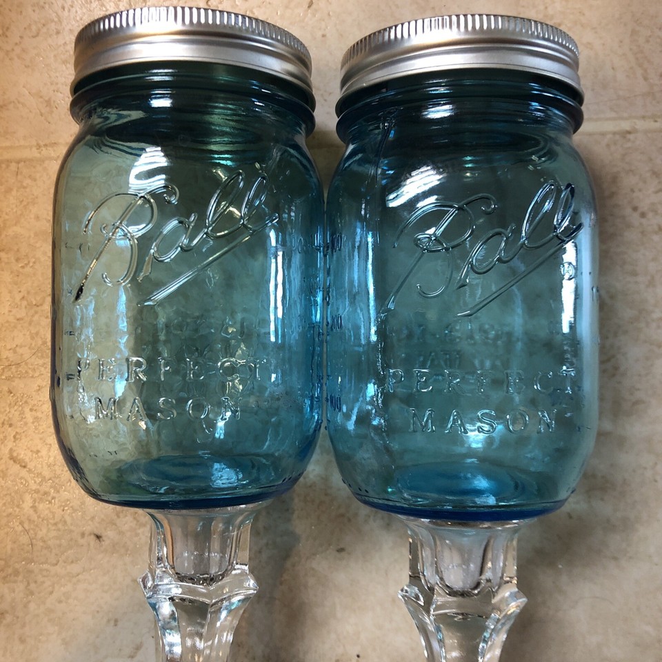 Lot of 2 Ball Wide Mouth Glass Mason Jar Wine glass with Stem W/ Lid