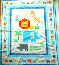 Baby Quilt Fabric Panel Elephant Giraffe Lion Animals on Blue White Cotton