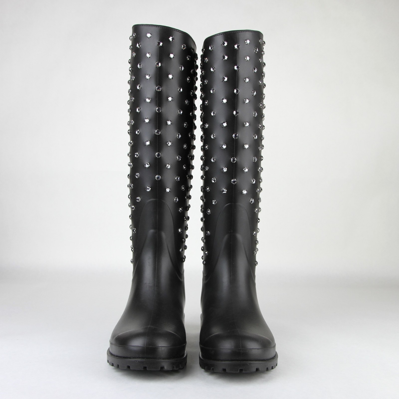 Stivali da pioggia Saint Laurent donna gomma nera con borchie cristallo 427307 1000