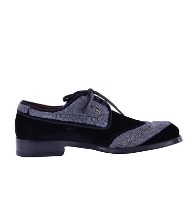 DOLCE & GABBANA Samt Derby Schuhe SASSARI mit Stickerei Schwarz Silber