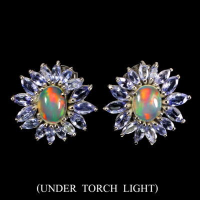 925 Sterling Silber Ohrringe Oval Feuer Opal 8X6Mm Tansanit Edelstein Schmuck