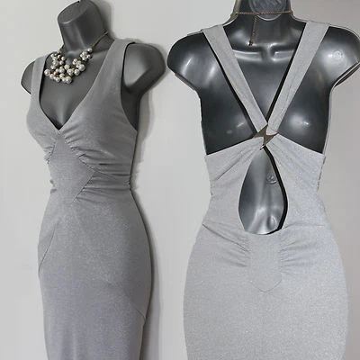Karen Millen Robe Cocktail Métallisée Argent Ouverte Épaule N Deg UK 8 EU 36 - Photo 1/4